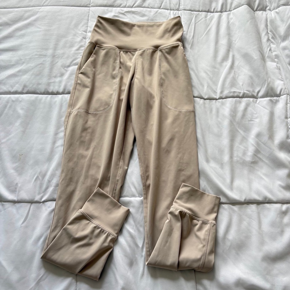 Oalka Tan Beige High Waisted Joggers Leggings Womens XS Pockets Activewear